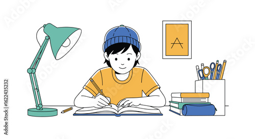 Focused student diligently studying at a desk with a bright lamp illuminating the workspace and books piled high for knowledge acquisition and learning