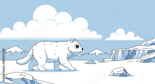 Pixelated arctic fox roaming through a winter wonderland landscape with snowy mountains and clouds