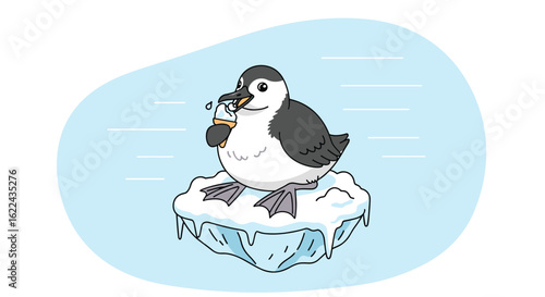 A charming penguin chick navigates the icy seas on a small floating iceberg while enjoying a snack