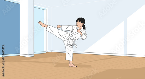 Practitioner executes a powerful side kick demonstrating martial arts training and discipline in a bright training studio