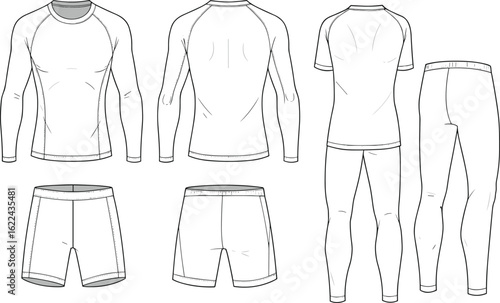 Men’s activewear set flat sketch, compression shirt, gym shorts, sports leggings, short sleeve tee, front back view template, vector design