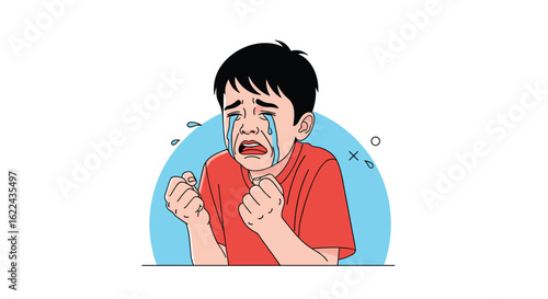 Distressed child experiencing intense sadness and emotional pain closes eyes tightly in despair