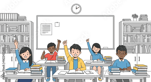 Diverse group of students actively participating in a classroom lesson with raised hands eager to answer questions presented on a whiteboard