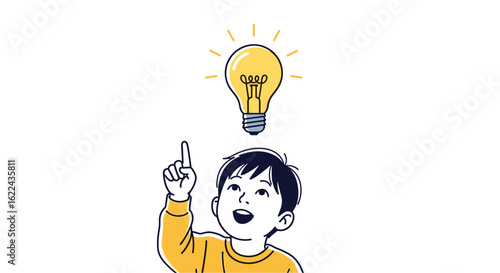 Bright idea concept illustrated by a young boy with a lightbulb above his head showing innovation and discovery