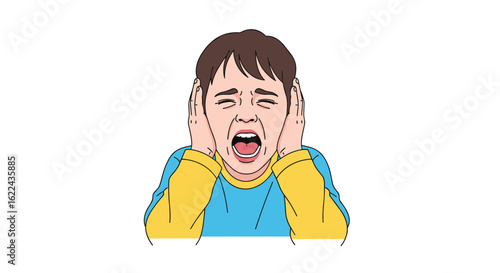 A child's face expressing extreme distress holding ears closed shut screaming loudly with eyes shut tightly