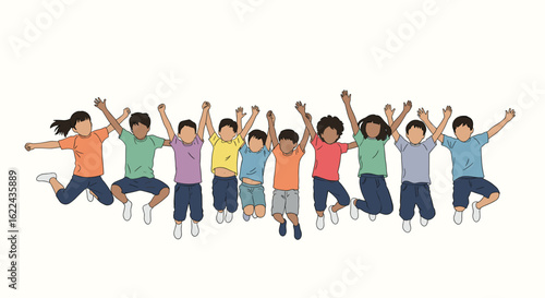 A diverse group of happy young children jumping and celebrating together with arms raised in joyful exuberance