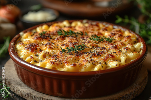 Macaroni and cheese topped with herbs.