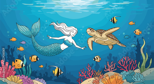 Enchanting underwater kingdom a mermaid and sea turtle swim through vibrant coral reefs and tropical fish