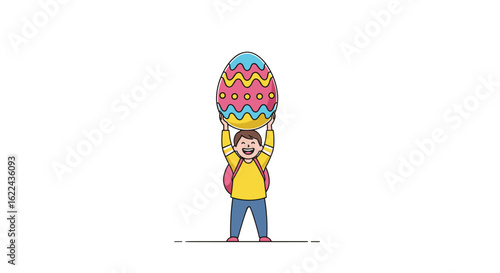 A cheerful person holds a giant colorful patterned egg triumphantly above their head a festive celebration symbol
