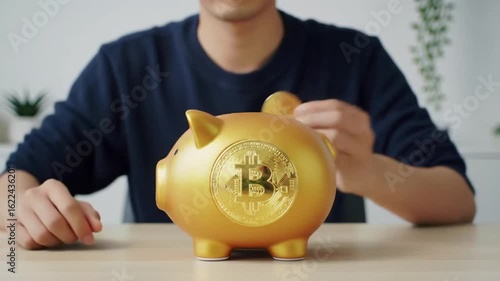 A man deposits a Bitcoin coin into a realistic golden piggy bank with BTC logo, symbolizing modern crypto savings.