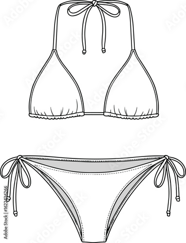 Triangle bikini technical flat sketch, front view, swimwear fashion design, beachwear illustration, string tie top and bottom vector
