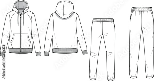 Tracksuit technical fashion flat, front and back view, hoodie and joggers set, casual wear, vector sketch, sportswear design illustration