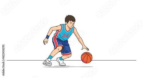 Young athlete skillfully dribbles a basketball during a fast paced sports game on a court