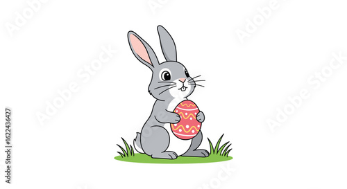 Adorable grey bunny holding a decorated pink easter egg in grassy field celebration spring holiday cute animal