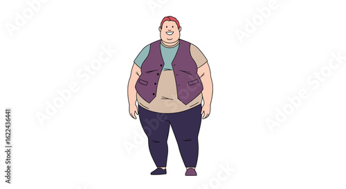 Chubby man wearing a vest and pants in a still pose against a white background animated character