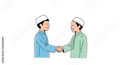Two young muslim boys wearing kufi hats shake hands as a sign of friendship and respect during a celebration or religious occasion