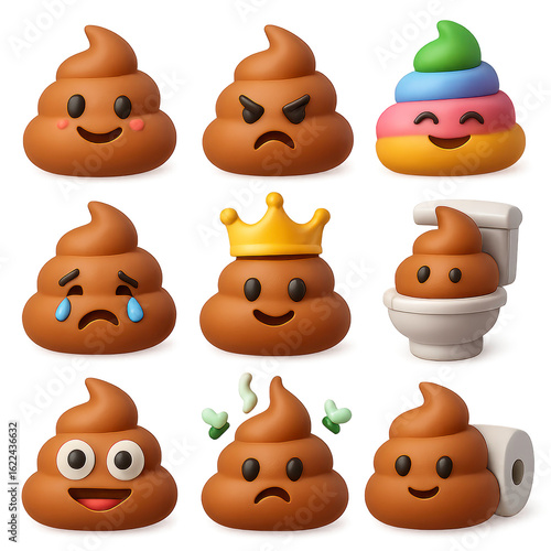 Poop Icons Collection. Emoji Poop Variety: Expressive Cartoon Turds