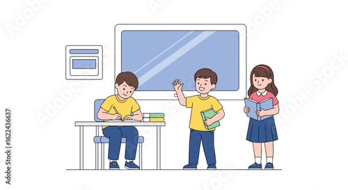 Three young students in a classroom setting with a teacher interacting with one student while another reads a book