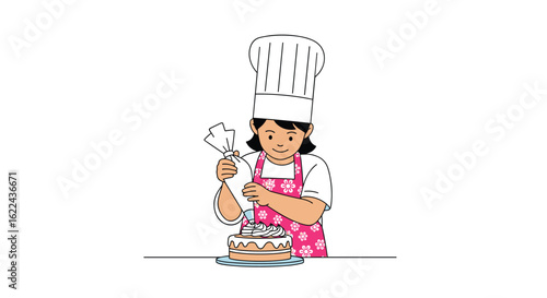 A person wearing a chef hat and apron is happily mixing ingredients in a bowl to prepare a delicious dessert or baked good