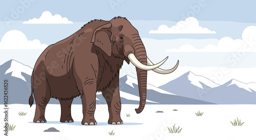 Majestic woolly mammoth roams a snowy ice age landscape with snow capped mountains in the background