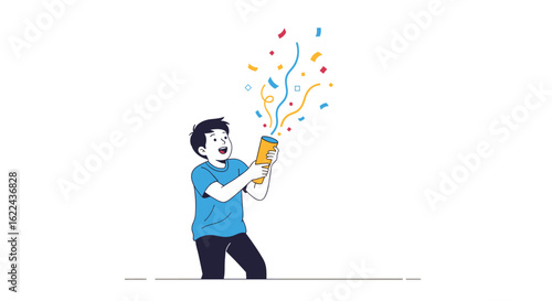 Excited young boy enthusiastically celebrating with a brightly colored confetti popper creating a festive atmosphere of joy and surprise bursting with streamers and paper pieces