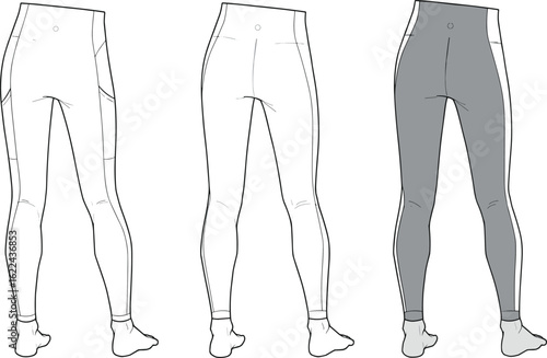 Women’s high waist leggings flat sketch, technical fashion template, front and back view, vector illustration, workout pants, activewear design