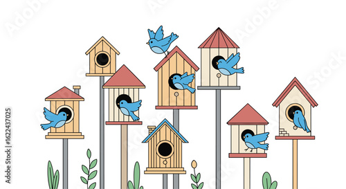 Charming collection of artistic birds nestling into their cozy homes on wooden poles with decorative foliage below