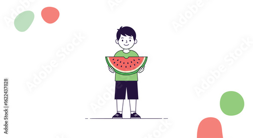 A young boy happily holding a large slice of juicy watermelon on a sunny day enjoying the summer season