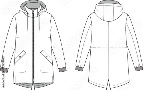 Women's hooded parka technical drawing, front back view, fashion flat sketch, winter coat design template, vector outline, apparel mockup