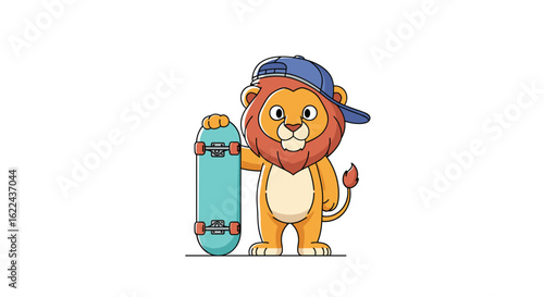 Cool cartoon lion cub with a skateboard and baseball cap having fun outdoors