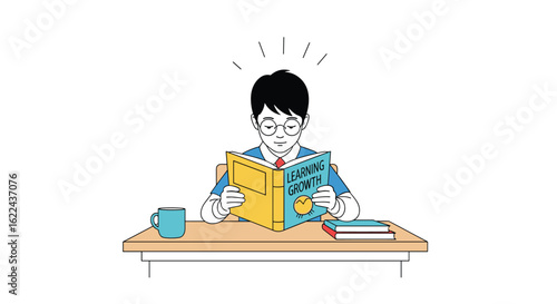 A young student deeply engrossed in reading a book at a desk with a cup of coffee and other books on a white background illustrating focused learning and knowledge acquisition
