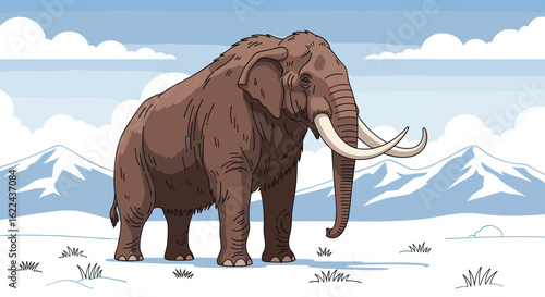 Majestic woolly mammoth stands tall against a backdrop of snow-capped mountains and a cloudy sky in this pixel art illustration