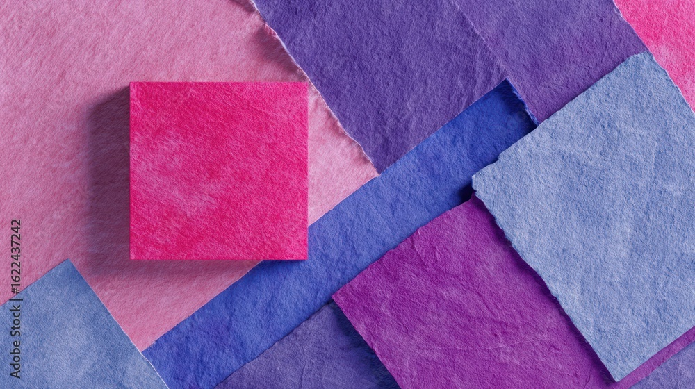 Fototapeta premium A vibrant flatlay showcasing various shades of handmade paper arranged in an overlapping pattern, with a single, square, hot pink piece as a central focus