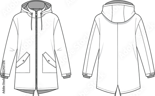 Women's technical hooded parka flat sketch, front and back view, waterproof coat, long sleeve, pocket detail, fashion vector template