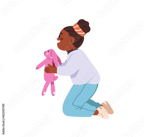 Cute girl playing with plush stuffed toy. Happy black kid holding soft bunny, rabbit. Little preschool child, kindergarten leisure game. Flat vector illustration isolated on white background
