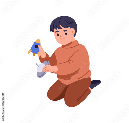 Boy kid playing with toys. Happy child holding spaceship rocket, shuttle and ufo for space and cosmos imagination. Toddler, fun indoor game. Flat vector illustration isolated on white background