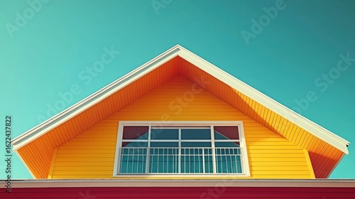 Bright yellow house gable roof, window, and sky