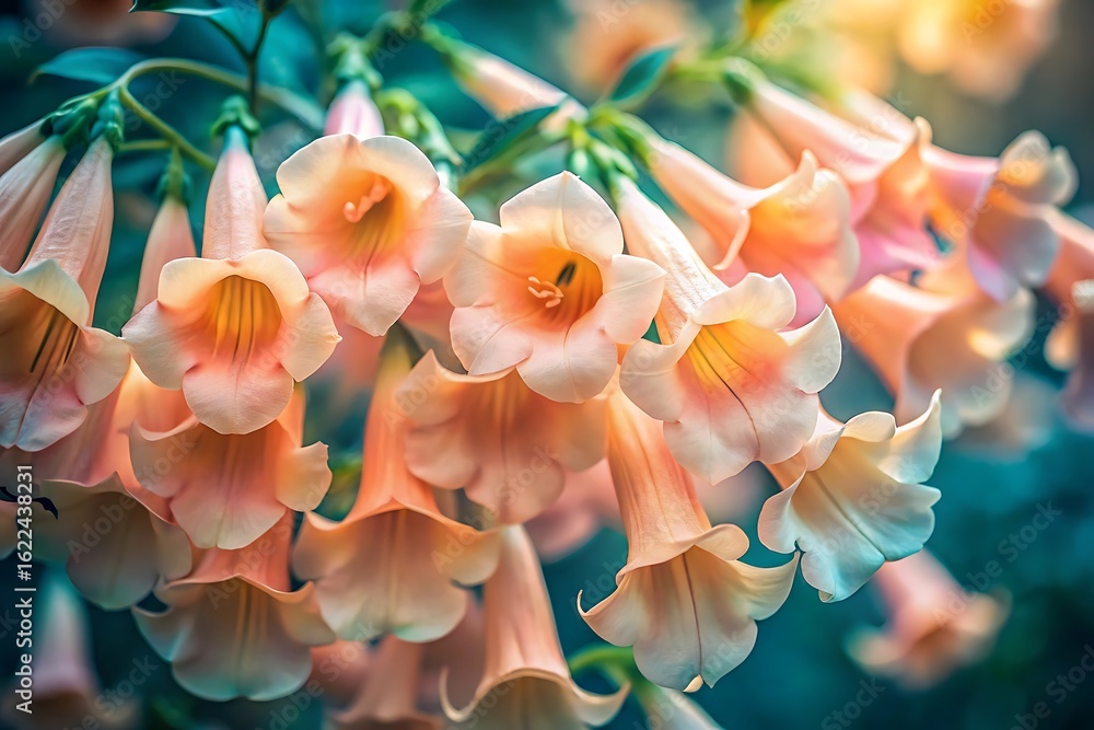 Fototapeta premium Delicate peach colored bell flowers blooming in soft sunlight