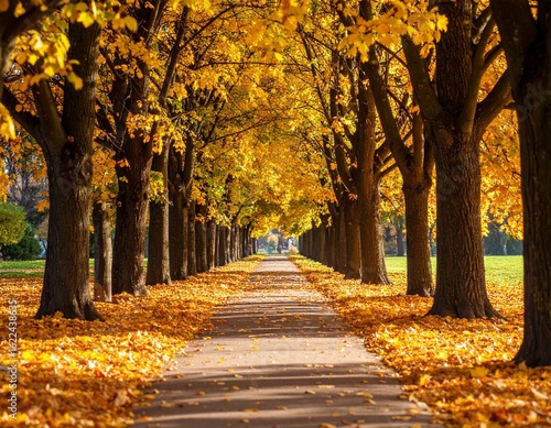 Auntum park alley with tall trees and vibrant orange foliage, fallen leaves covering the pathway, serene and atmospheric fall landscape