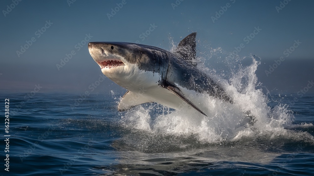 Fototapeta premium A magnificent great white shark leaps out of the ocean, showcasing its power and agility.