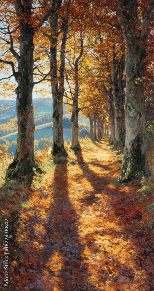 Obraz premium Painting of a path through autumn trees with orange leaves and rural background