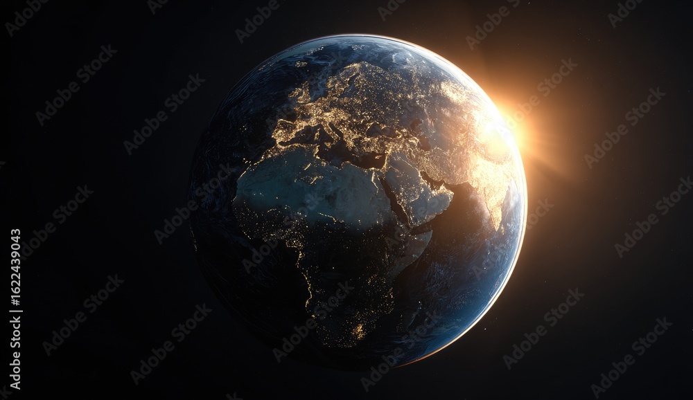 Fototapeta premium Earth globe, detailed view, night side, sunlit