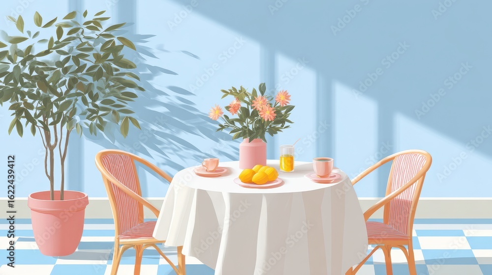 Obraz premium Cozy dining setup with flowers and refreshments in a bright room.