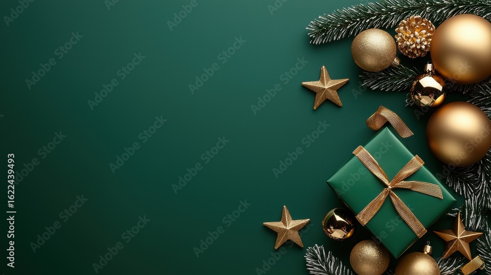 Naklejka premium Elegant Christmas decorations with green gift box and ornaments