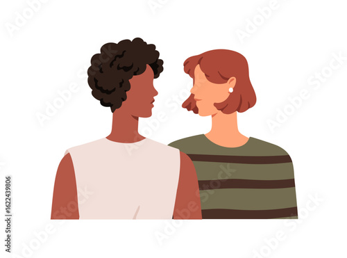 Two women looking at each other, eye contact and connection. Female partners faces profiles meeting. Communication, relationship concept. Flat vector illustration isolated on white background