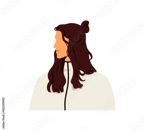 Young woman in profile with hair bun, looking aside with smile. Modern style female face, attractive beautiful girl, side view, head turned. Flat vector illustration isolated on white background