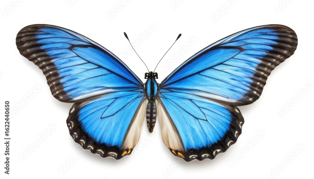 Obraz premium A butterfly with bright blue wings and black edges is open on a white background. The unique details of the body and antennae add to her elegance.