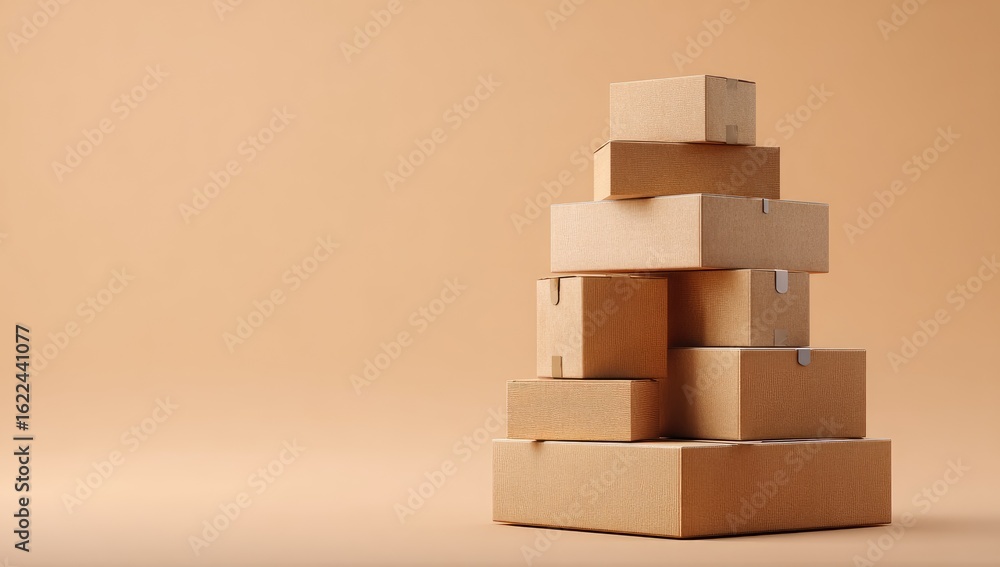 Fototapeta premium Stack of cardboard boxes on a beige background