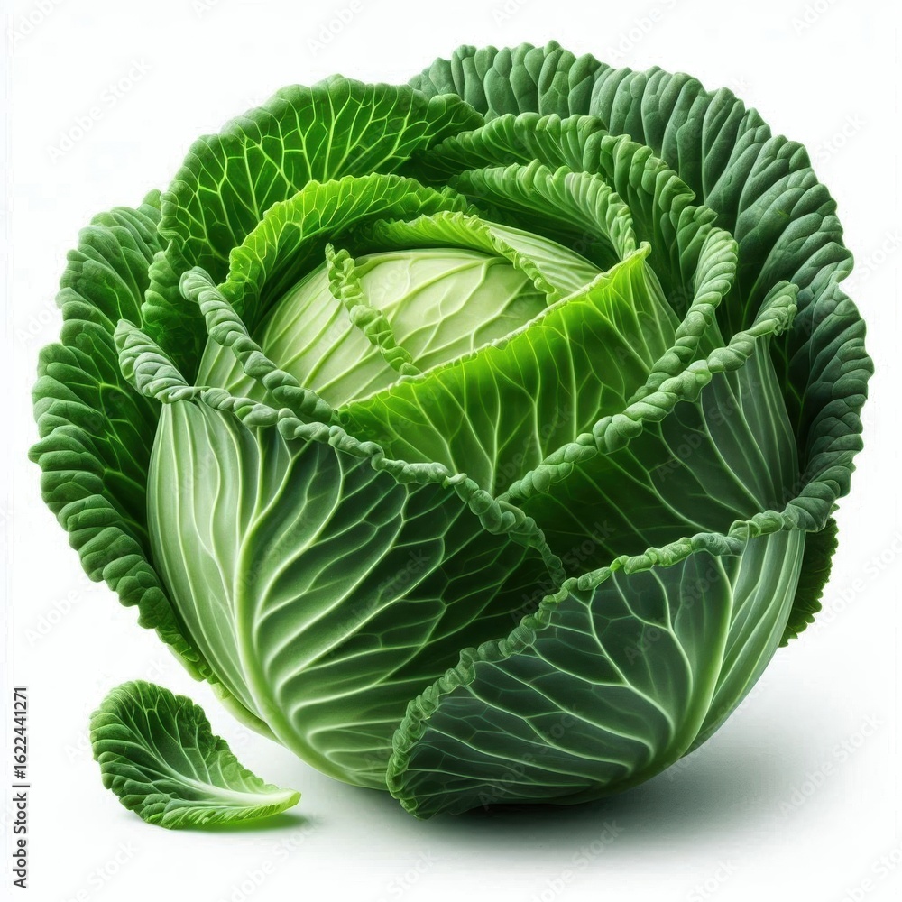 Fototapeta premium fresh green cabbage with bright leaves on a white background. Its natural appearance and texture emphasize its freshness and usefulness, ideal for a healthy diet.