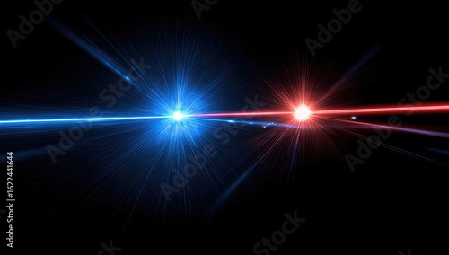 Two opposing light sources, blue and red, explode outward in a burst of energy against a black background